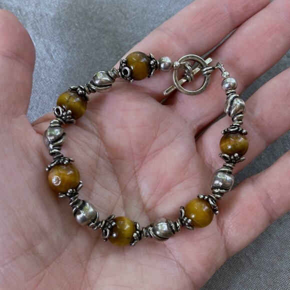 Vintage Sterling Silver & Tiger’s Eye Beaded Bracelet – Artisan, Toggle Clasp - Picture 1 of 11